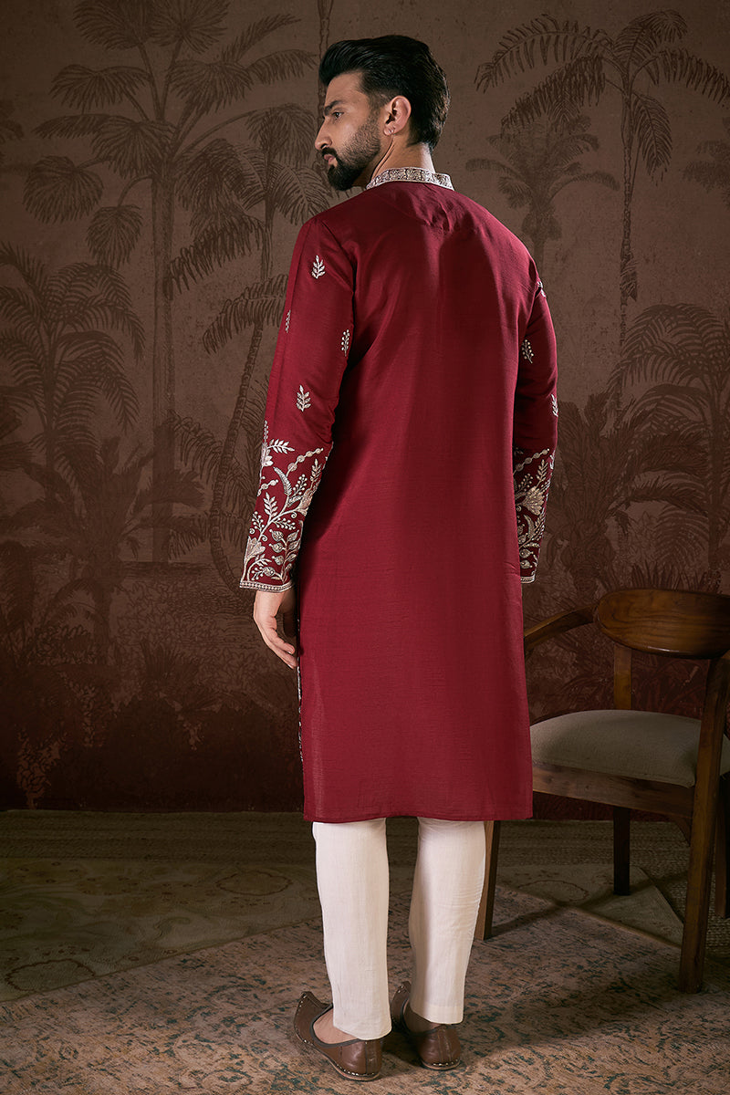 Maroon Silk Blend Solid Embroidered Straight Kurta With Trouser | SHOBITAM