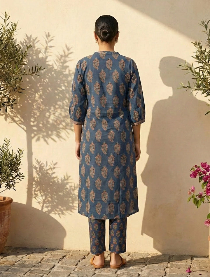Blue Boota Print Angrakha Kurta Pant Dupatta Set | SHOBITAM