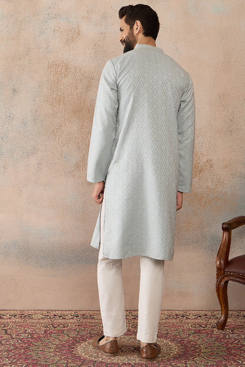 Mens Blue Linen Self Design Embroidered Kurta With Trouser | SHOBITAM