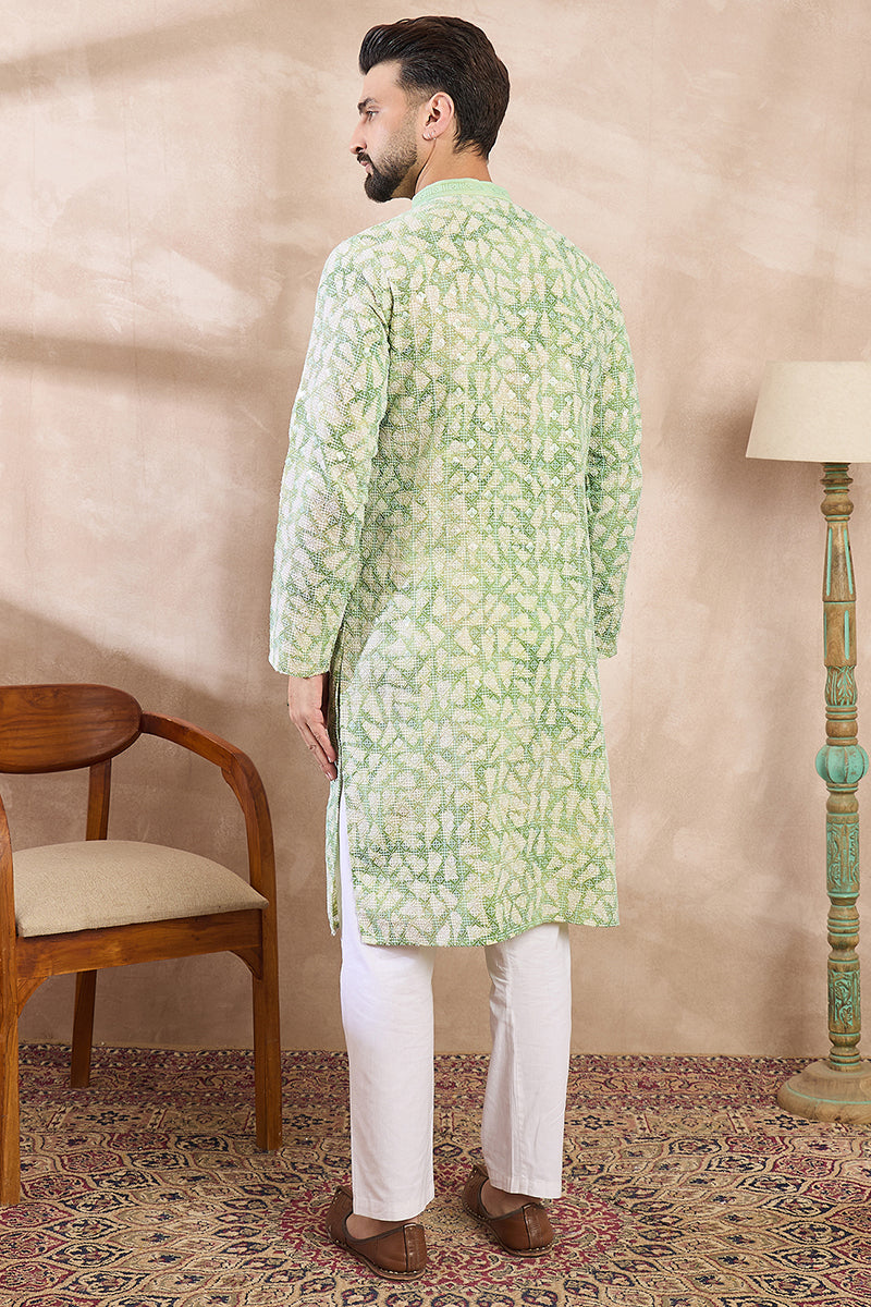 Green Viscose Rayon Ethnic Motifs Embroidered Straight Kurta With Trouser | SHOBITAM