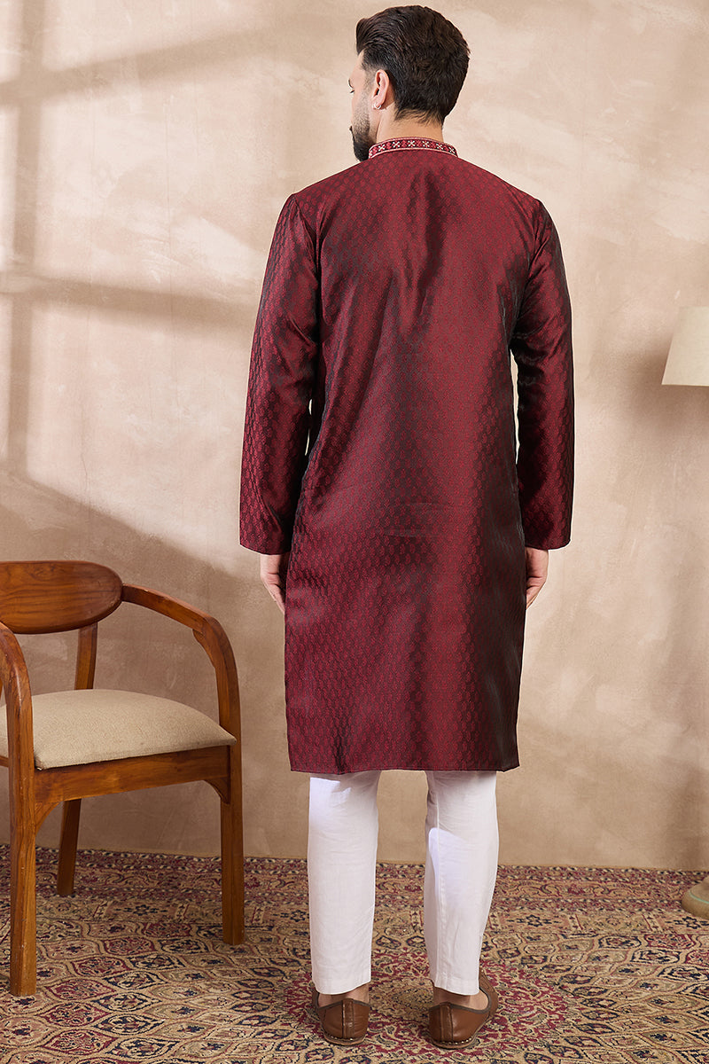 Maroon Silk Blend Solid Woven Design Straight Kurta With Trouser | SHOBITAM