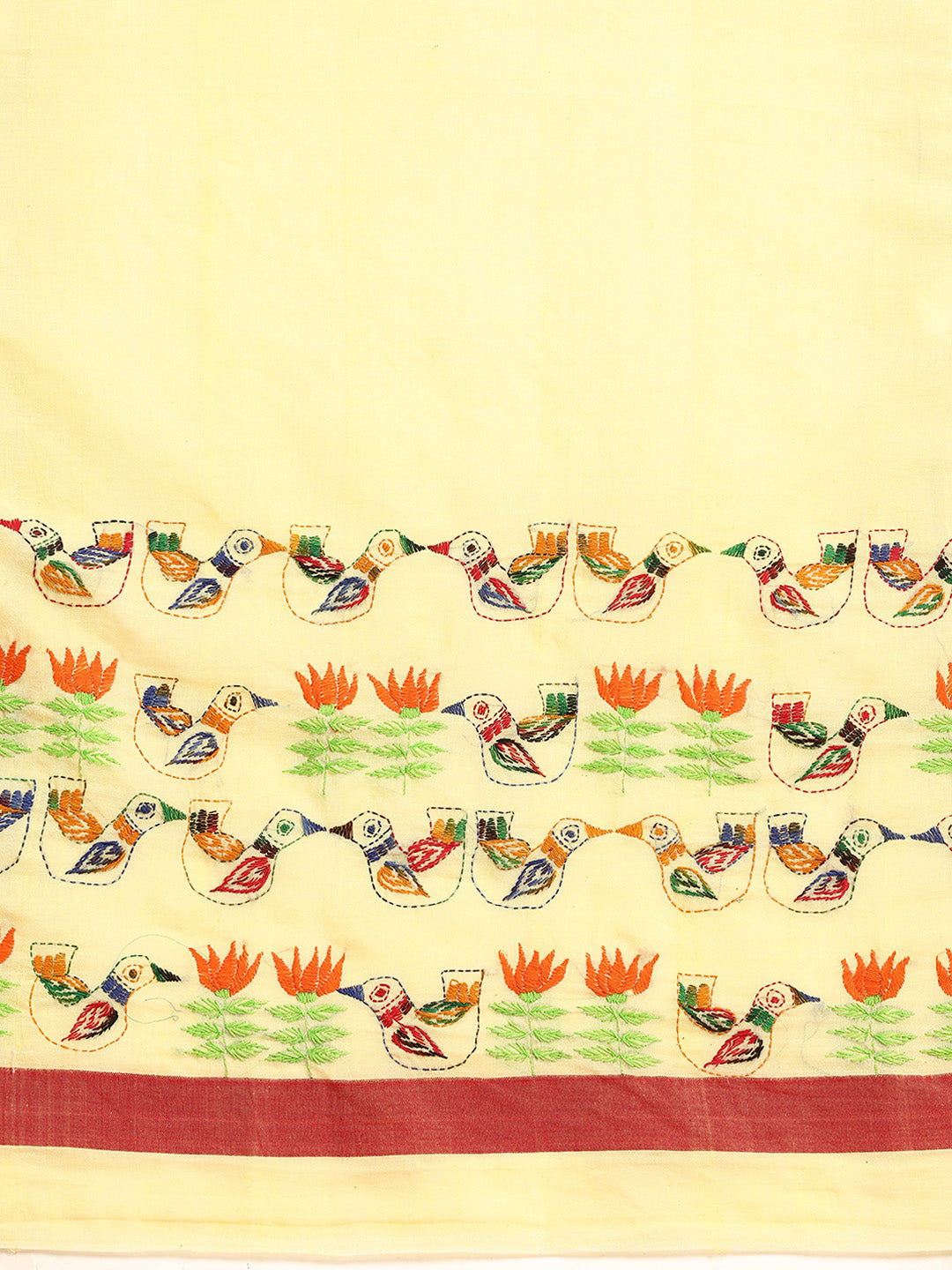 Yellow Red Kantha Stitch Handloom Cotton Saree with Blouse Piece | SHOBITAM