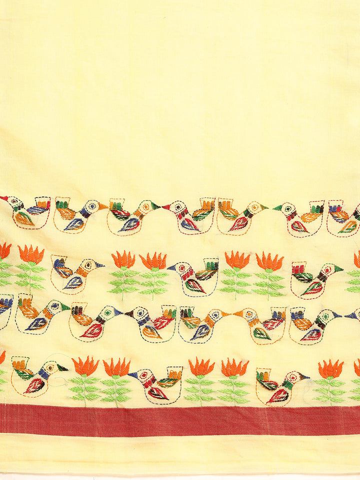 Yellow Red Kantha Stitch Handloom Cotton Saree with Blouse Piece | SHOBITAM