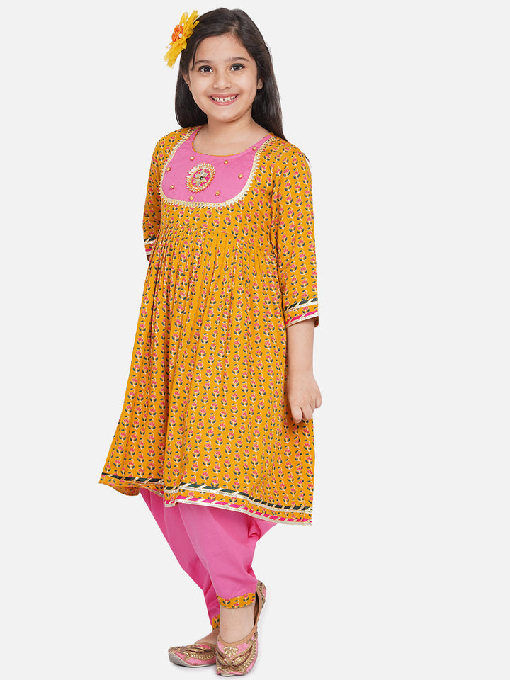 Girls Jaipuri Print Kurta Frock with Salwar in Yellow & Pink