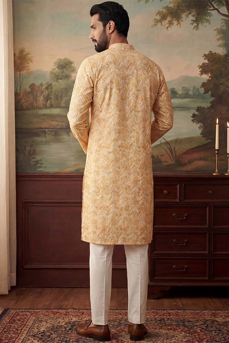 Yellow Linen Printed Straight Kurta | SHOBITAM