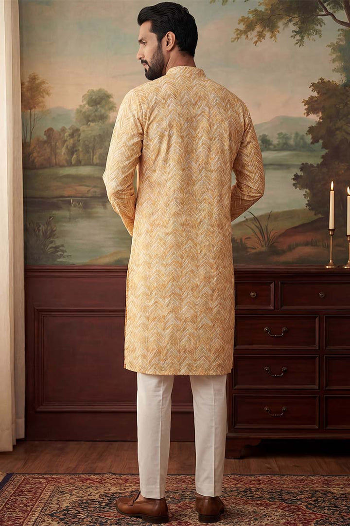 Yellow Linen Printed Straight Kurta | SHOBITAM