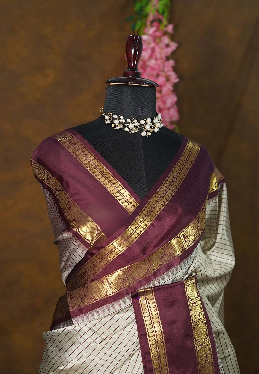 Gray and Plum Semi Silk Saree with Rettaipet Borders | SHOBITAM