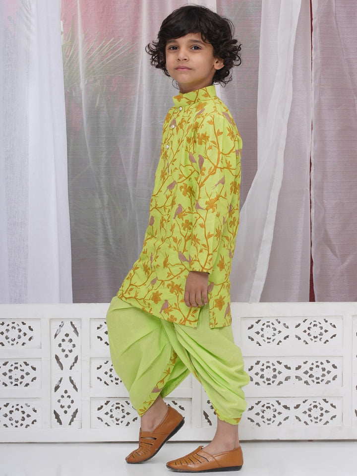Boys Cotton Full Sleeves Kurta and Dhoti with Floral Bird Thread Embroidery- Green | SHOBITAM