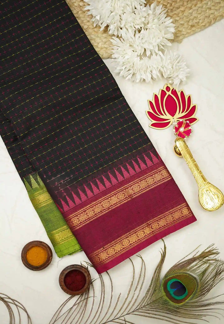 Black Cotton Mercerized Cotton Saree with Ganga Jamuna Borders | SHOBITAM