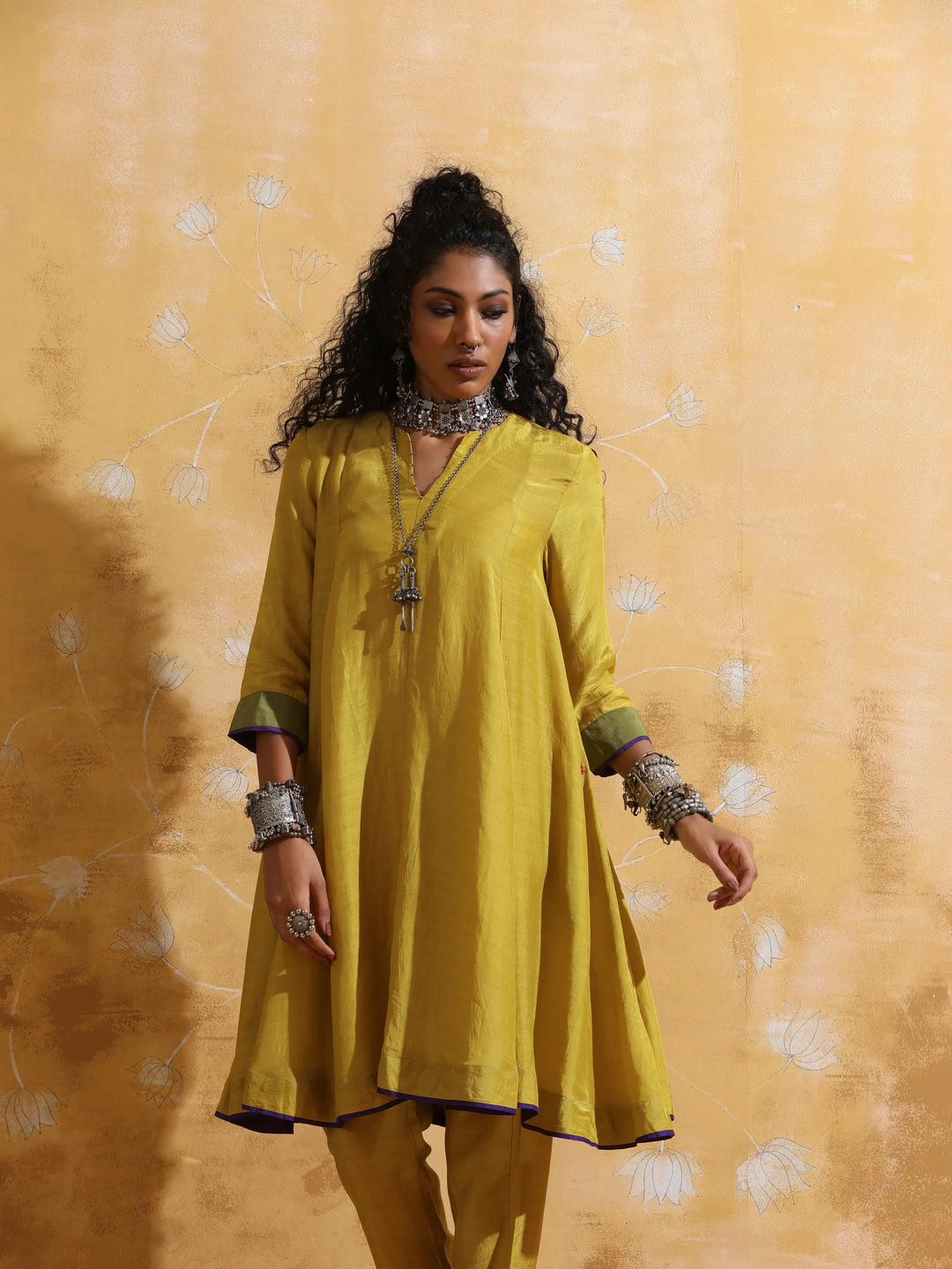 Lime Muslin Silk Flared Kurta Co-ord Set | SHOBITAM