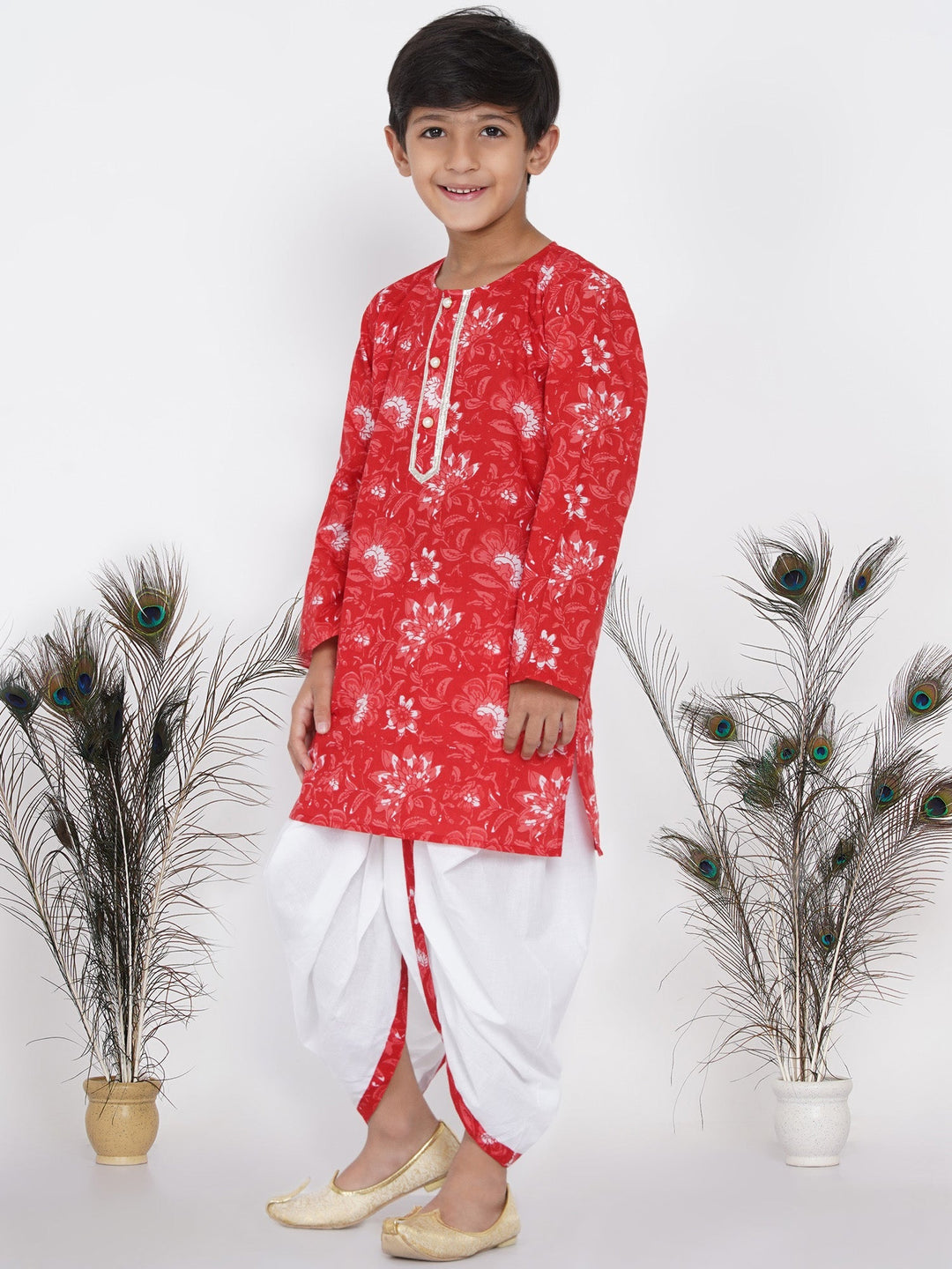 Boys Floral Kurta with Pearl Buttons and Dhoti in Red and White  | SHOBITAM