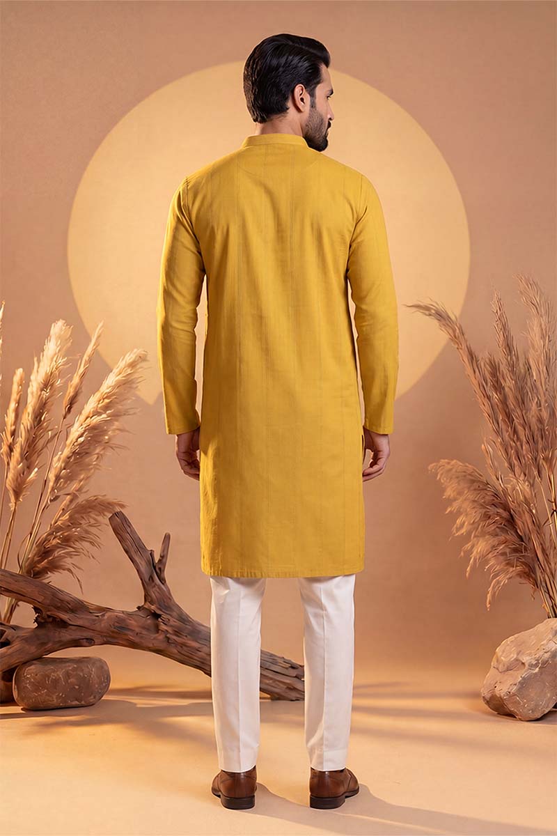 Mens Yellow Silk Blend Solid Solid Kurta With Trousers | SHOBITAM