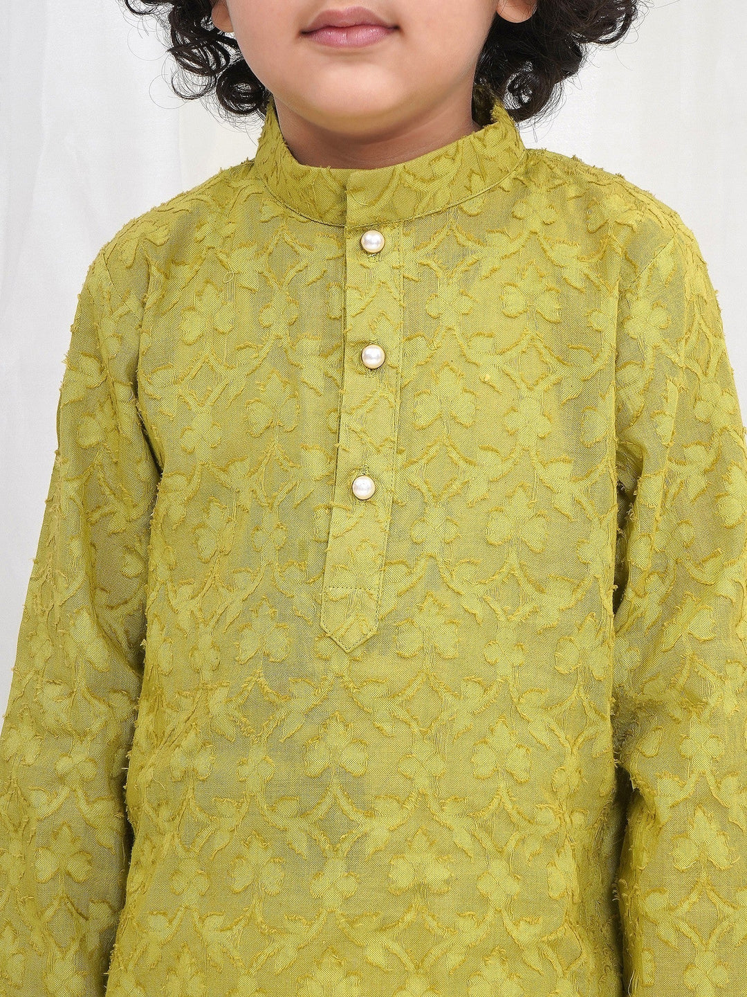 Boys Cotton Full Sleeves Self Weaving Kurta with Dhoti and Pearl Buttons - Green | SHOBITAM