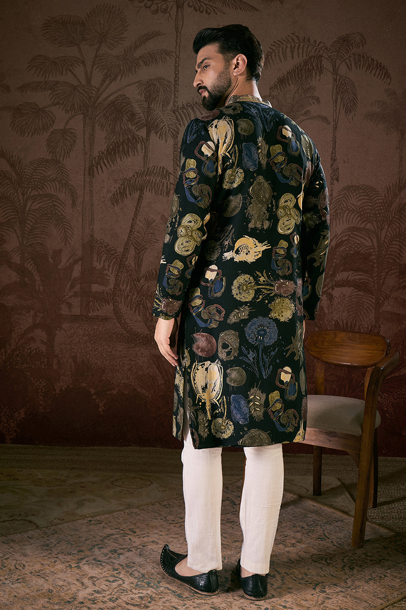 Black Silk Blend Floral Printed Straight Kurta For Men | SHOBITAM