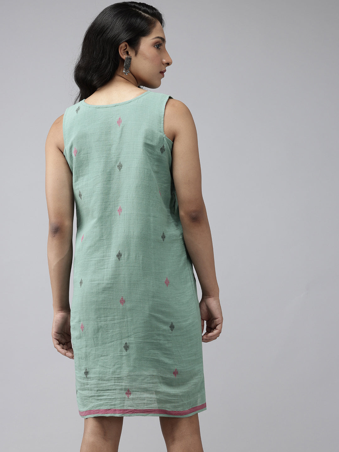 Green Cotton Handloom Dress | SHOBITAM
