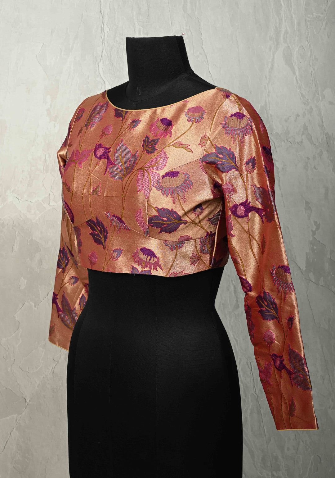 SIZE 36" Rose Gold Paithani Style  Boat Neck Blouse with Meenakari  Pichwai Semi Silk Brocade and Full Sleeves