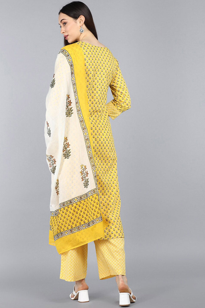 Yellow Pure Cotton Straight Kurta Pant With Dupatta | SHOBITAM