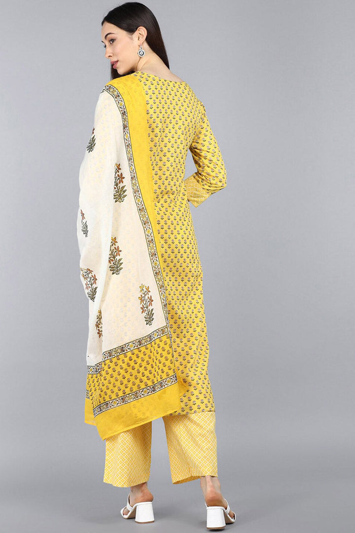 Yellow Pure Cotton Straight Kurta Pant With Dupatta | SHOBITAM