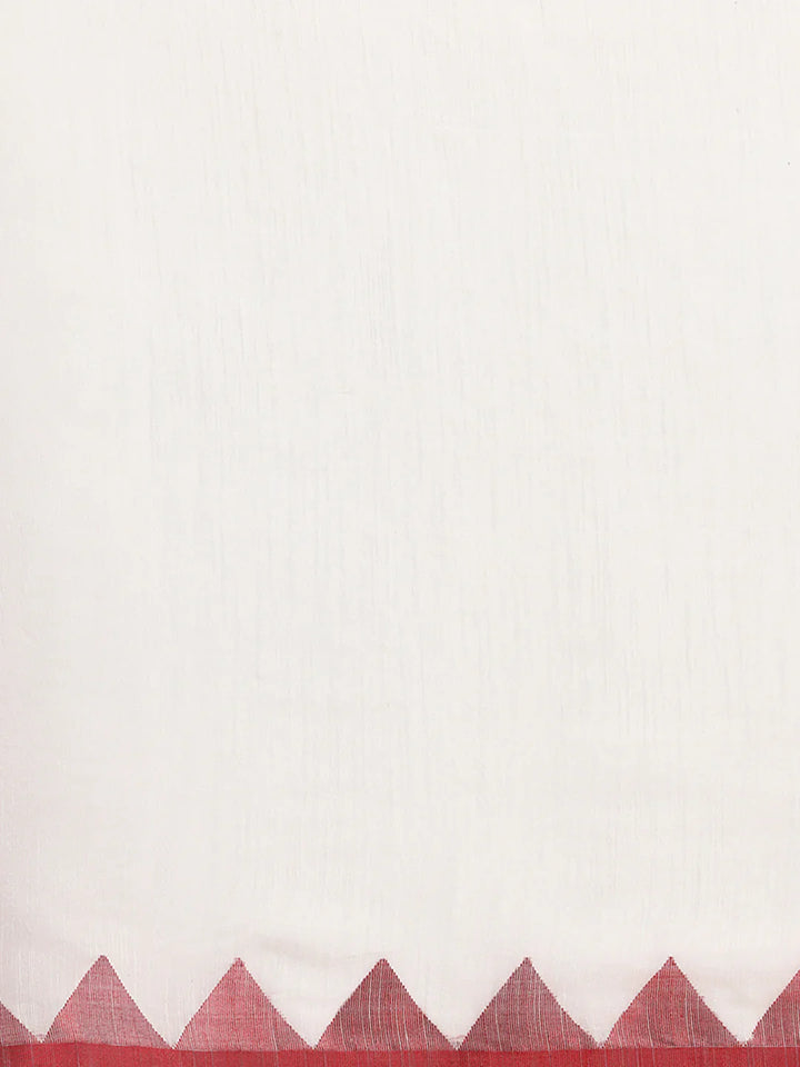 White-Red Silk Cotton Saree with Temple Border and Blouse piece