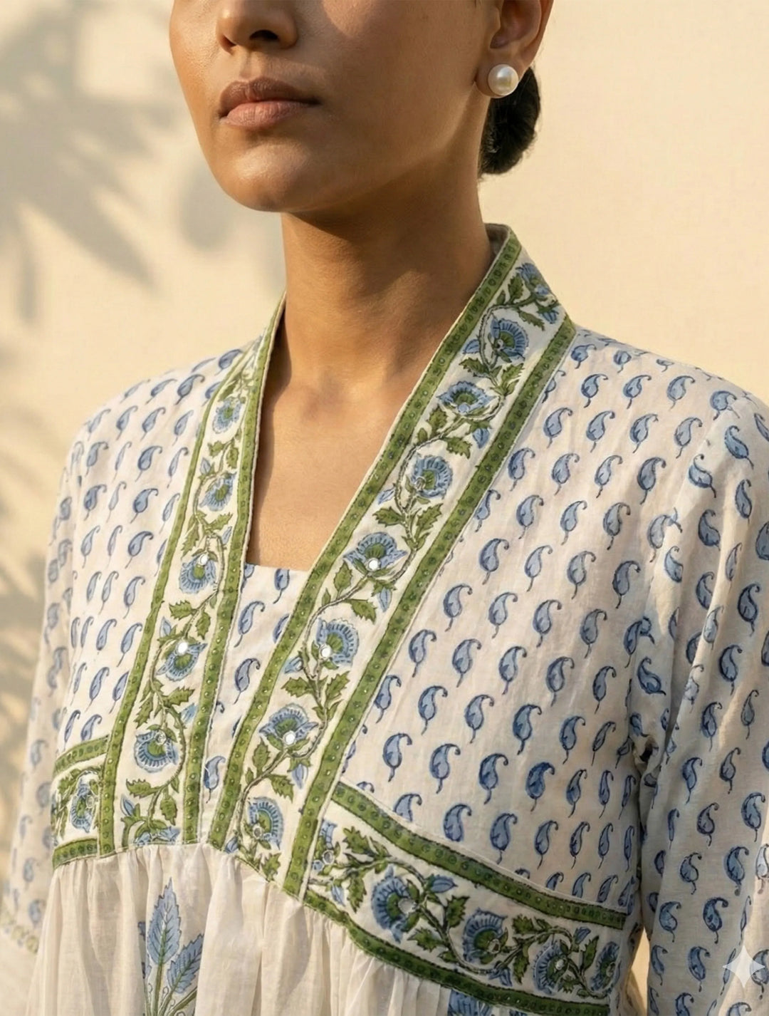 White Blue Printed Anarkali Kurta Pant Dupatta Set | SHOBITAM