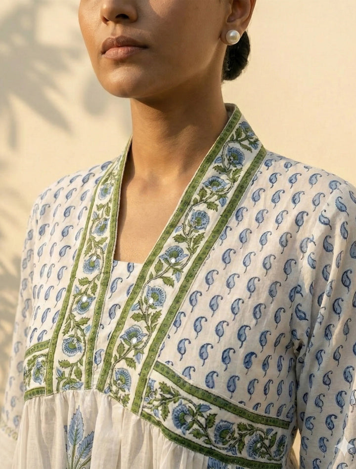 White Blue Printed Anarkali Kurta Pant Dupatta Set | SHOBITAM