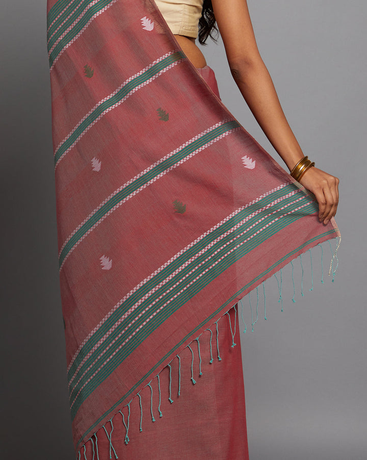 Pink Green Jamdani Cotton Saree | SHOBITAM