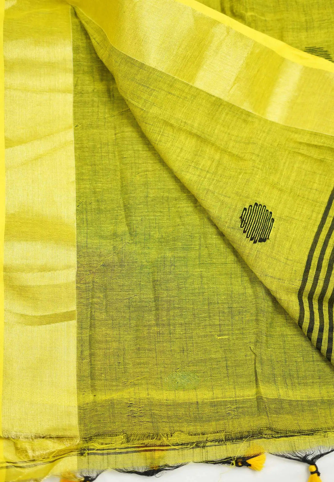 Black and Moss Yellow Polka Dot Slub Linen Saree  | SHOBITAM