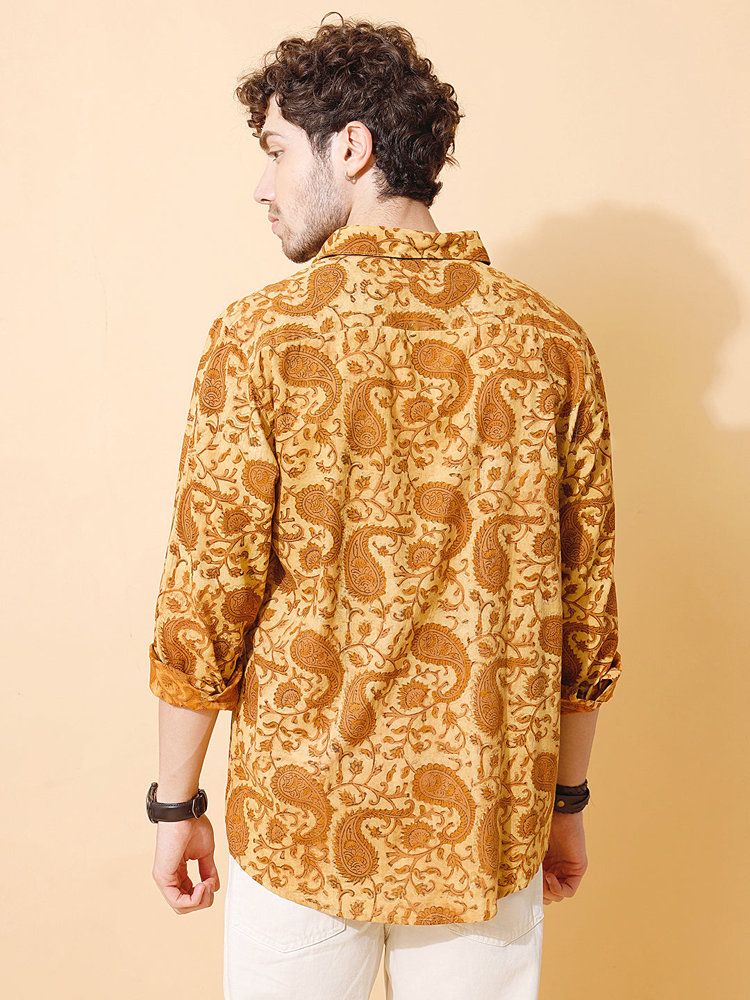 Haldi Gold Ajrakh Full Sleeve Cotton Shirt in Mustard for Men