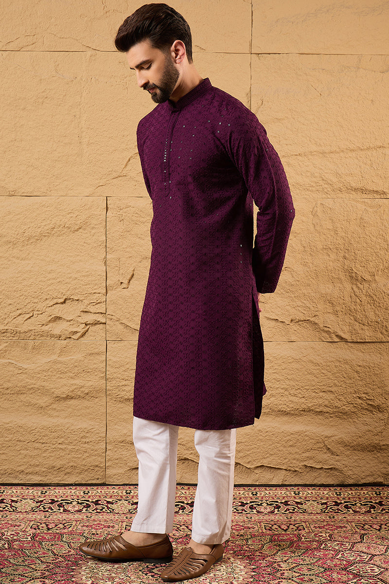 Purple Viscose Rayon Solid Embroidered Straight Kurta | SHOBITAM