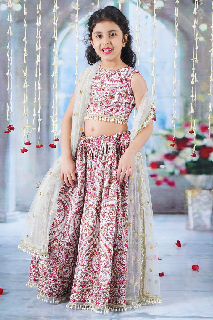 Girls Multi color Mughal Pattern Floral Thread work Cream Lehenga with Blouse and Dupatta with Pearl Detailing and Hand made Tassel | SHOBITAM