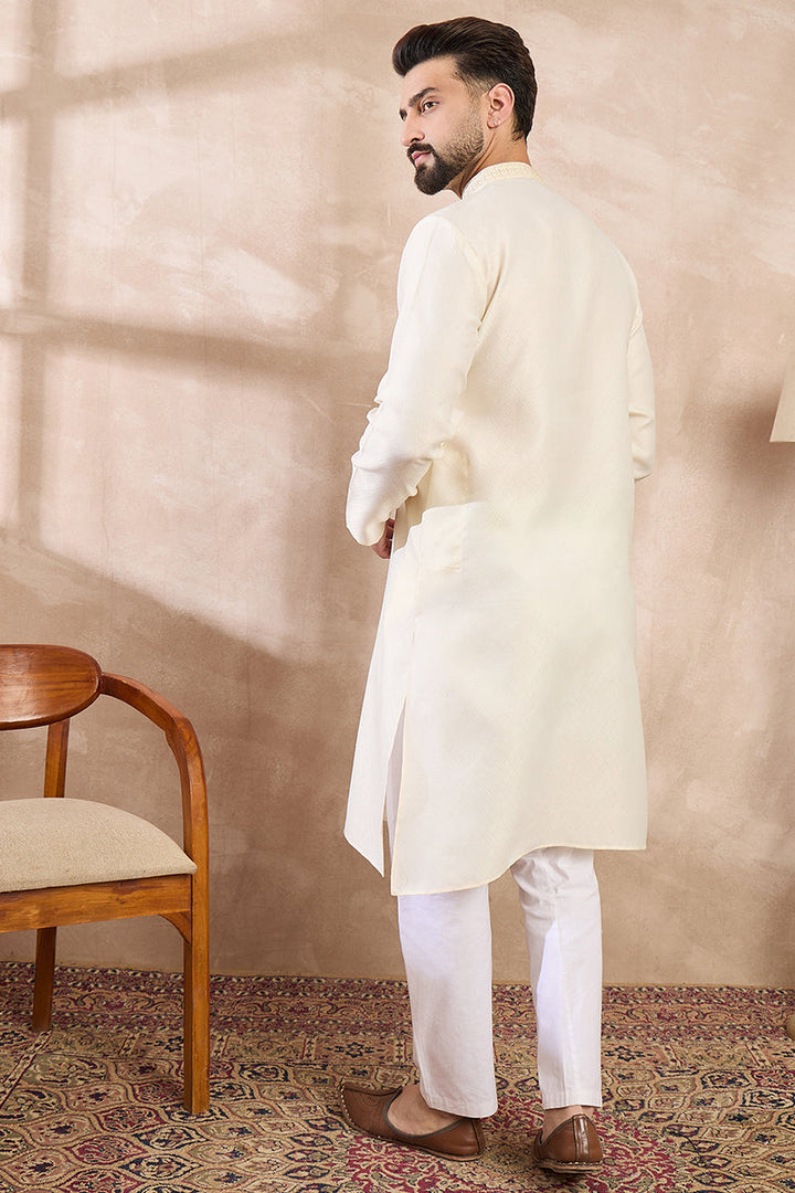 Off White Silk Blend Solid Embroidered Straight Kurta For Men | SHOBITAM