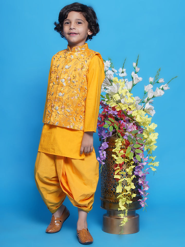Boys Cotton Full Sleeves Kurta with Nehru Jacket and Dhoti with Floral Embrodiery -Haldi Yellow | SHOBITAM