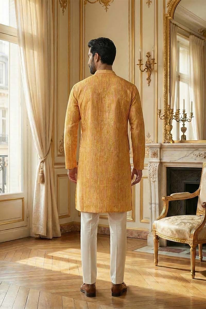 Yellow Silk Blend Printed Straight Kurta | SHOBITAM