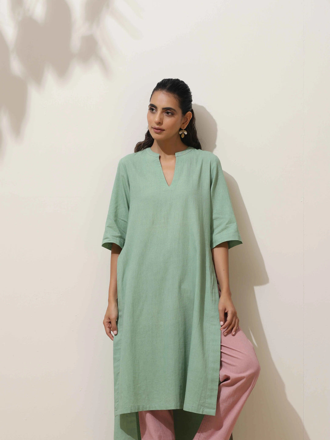 Mint Green Cotton Linen Kurta Pant Set | SHOBITAM