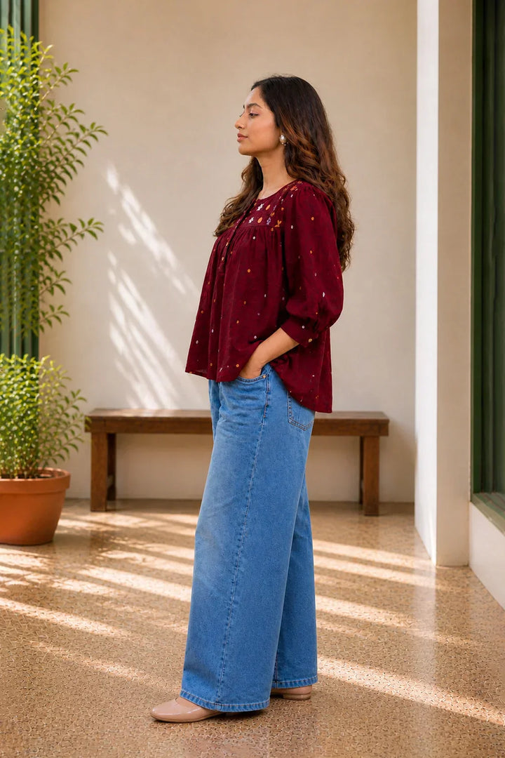 Amara Wine Jamdani Top | SHOBITAM