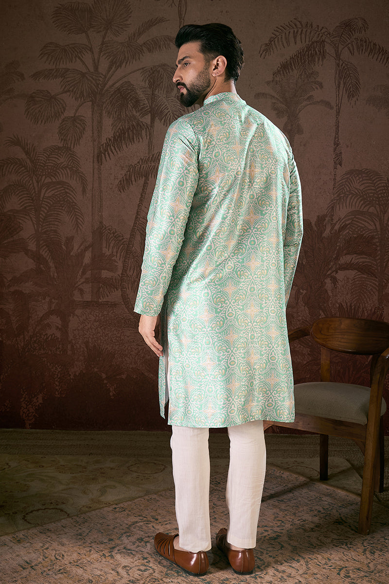 Turquoise Blue Silk Blend Abstract Printed Straight Kurta For Men | SHOBITAM
