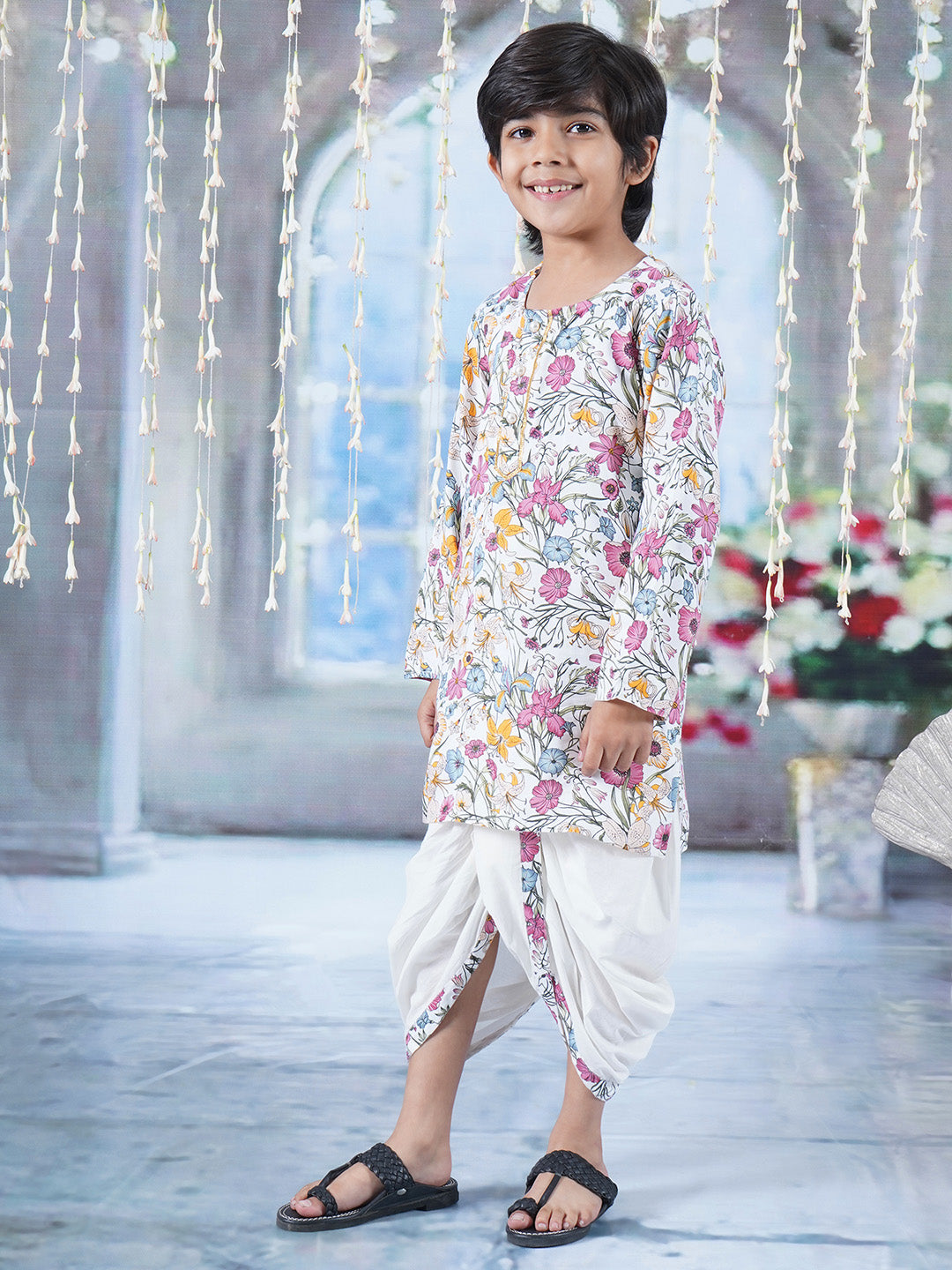 Boys Cotton Full Sleeves Kurta Dhoti with Garden Guldaudi Floral Print and Pearl Buttons - Off White | SHOBITAM