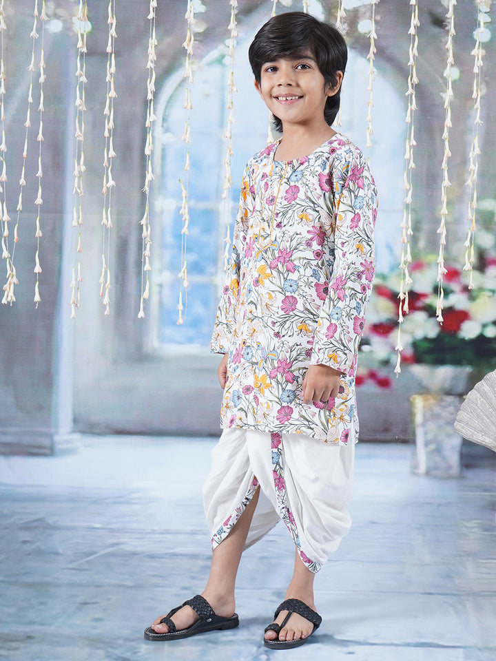 Boys Cotton Full Sleeves Kurta Dhoti with Garden Guldaudi Floral Print and Pearl Buttons - Off White | SHOBITAM