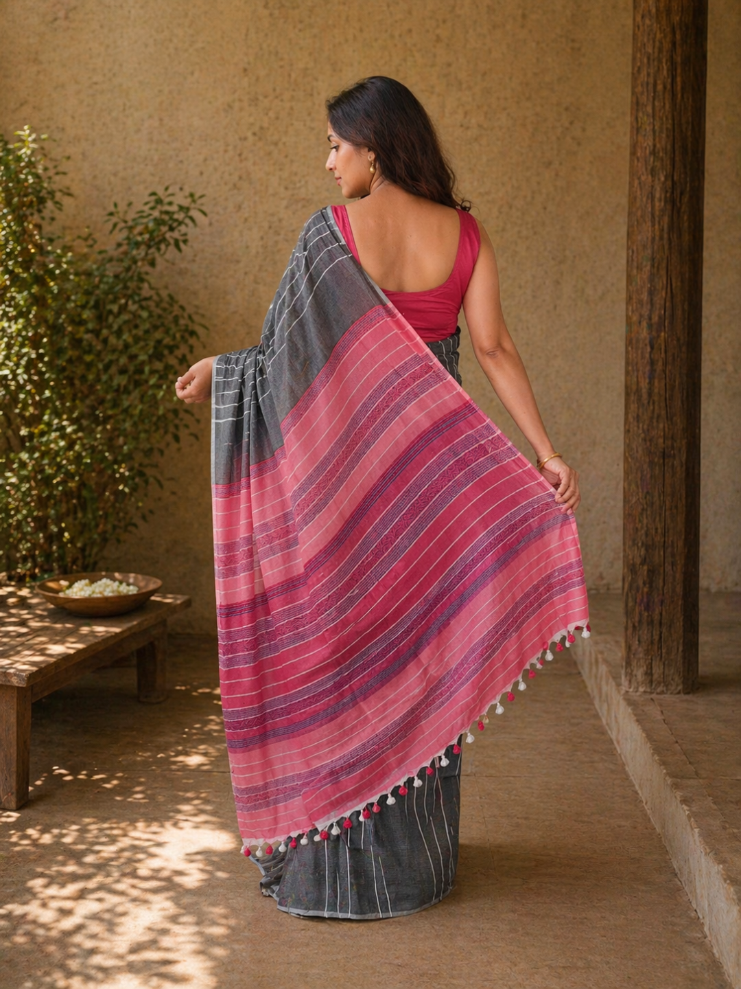Grey Pink Striped Cotton Handloom Kantha Stitch Saree | SHOBITAM