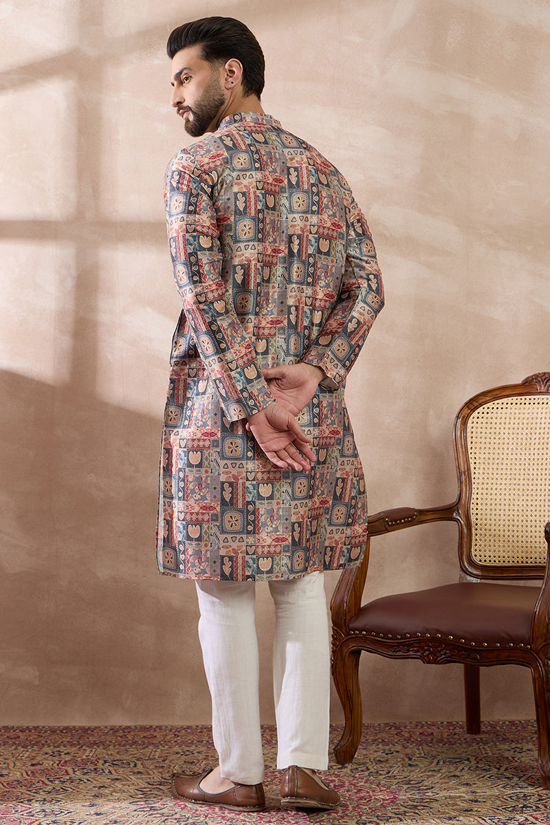 Multi Silk Blend Printed Mandarin Collar Straight Kurta With Trouser | SHOBITAM