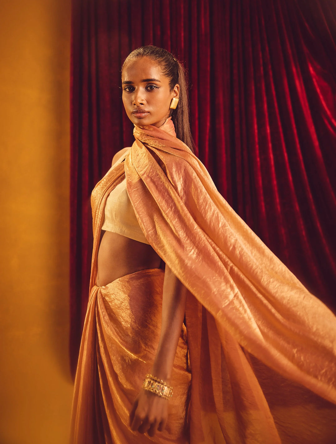 Peach Copper Tissue Saree With Unstitched Blouse | SHOBITAM