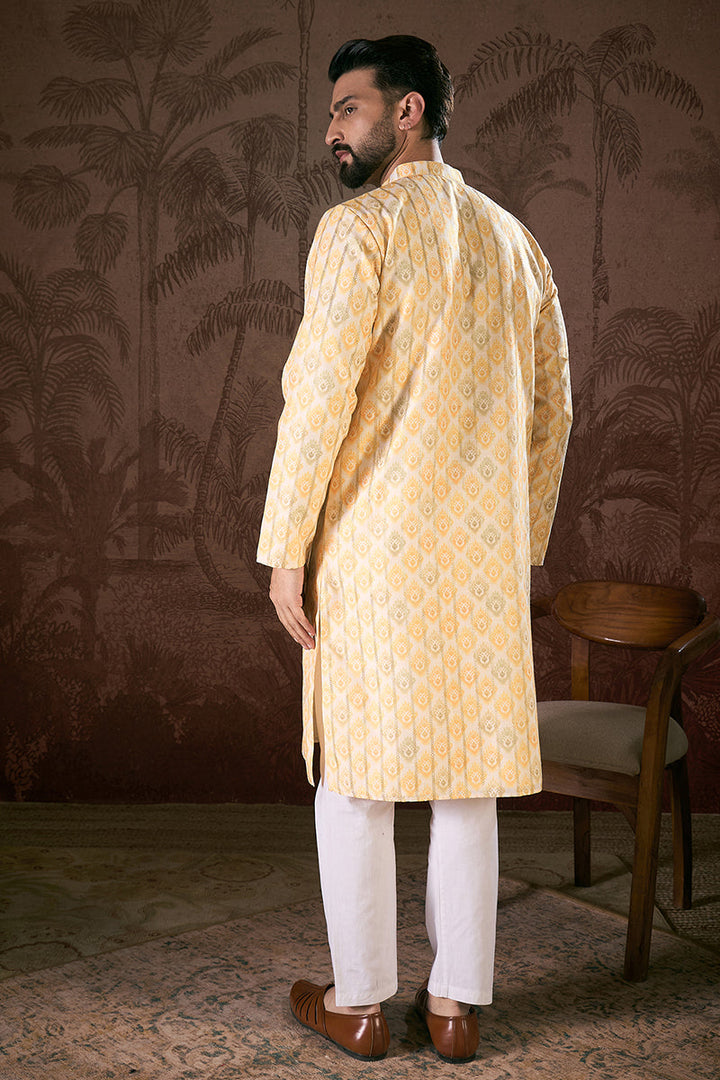 White Silk Blend Ethnic Motifs Printed Straight Kurta For Men | SHOBITAM