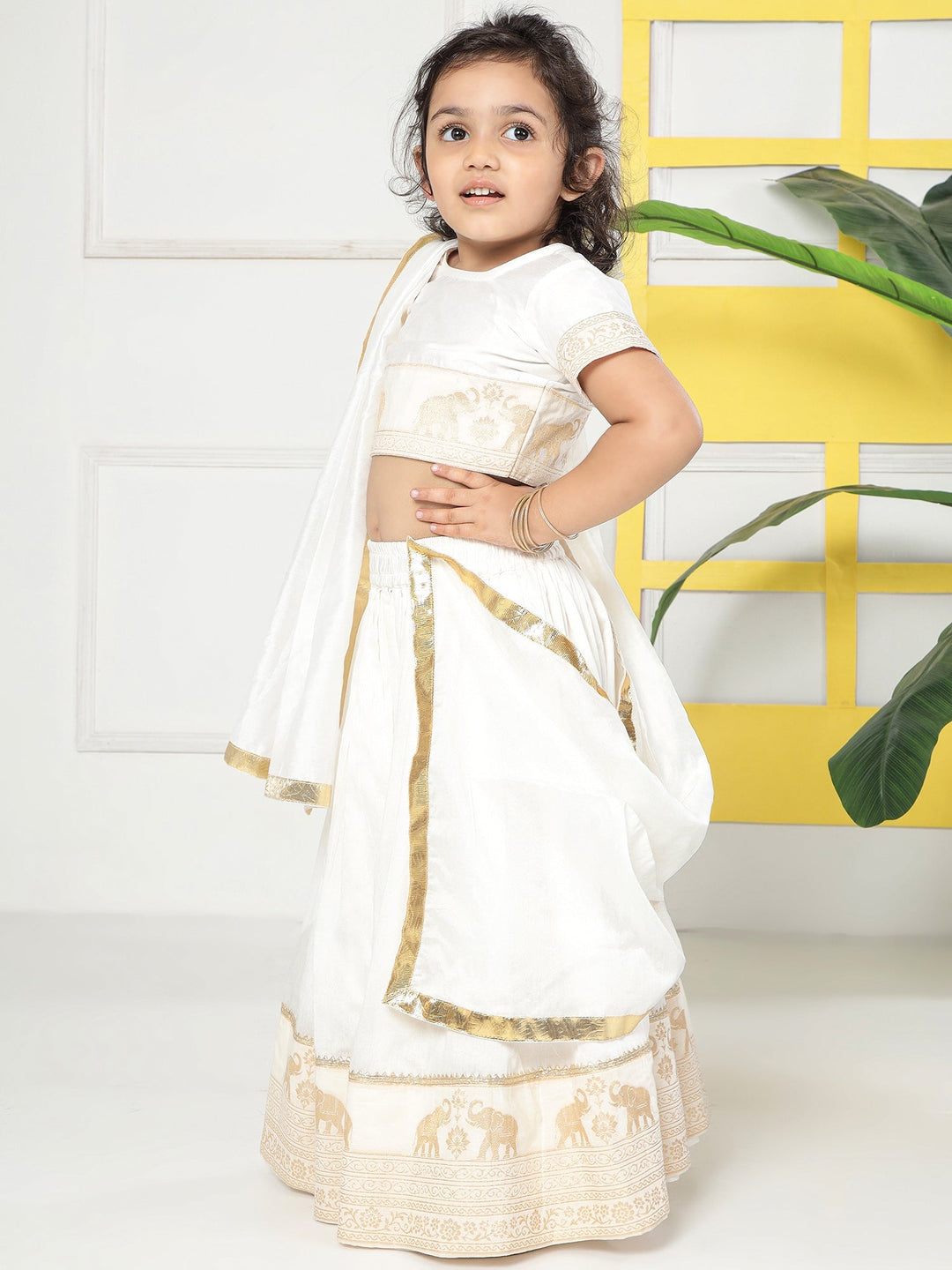 Cream Elephant Zari Embroidery Chanderi Cotton Lehenga Set | SHOBITAM