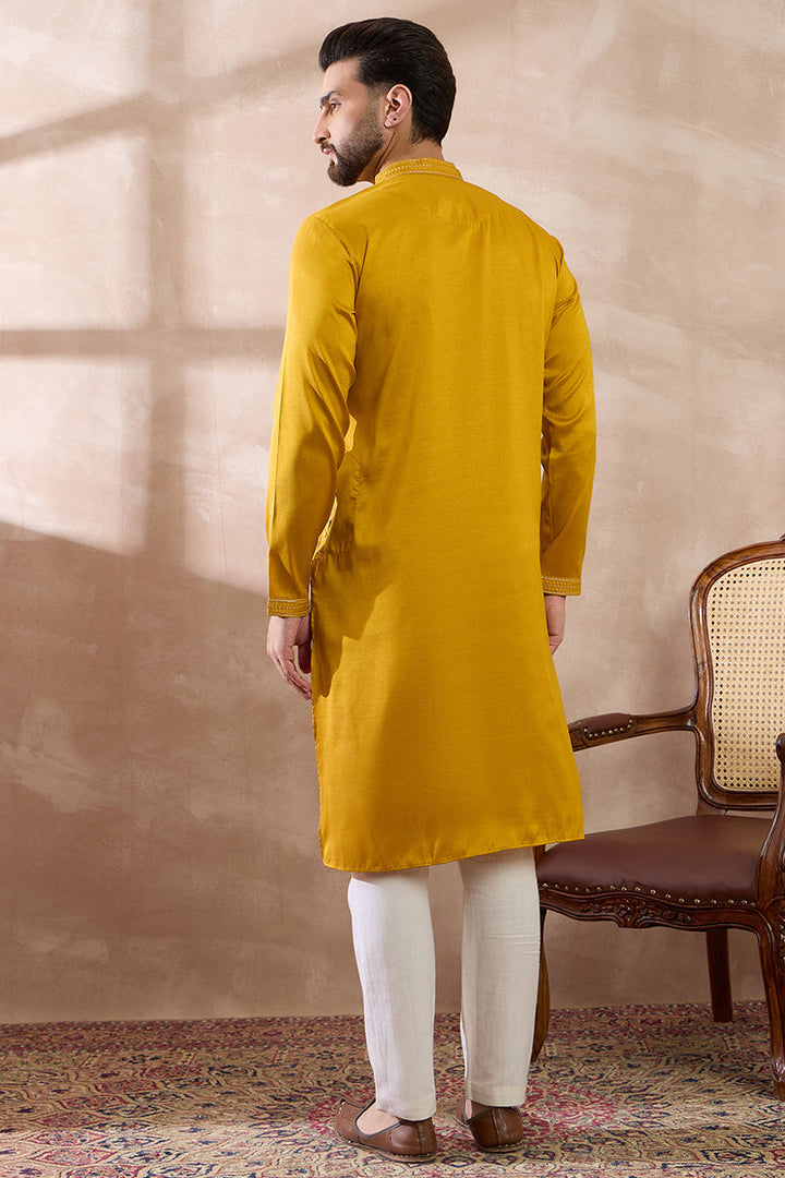Mustard Silk Blend Embroidered Mandarin Collar Straight Kurta With Trouser| SHOBITAM