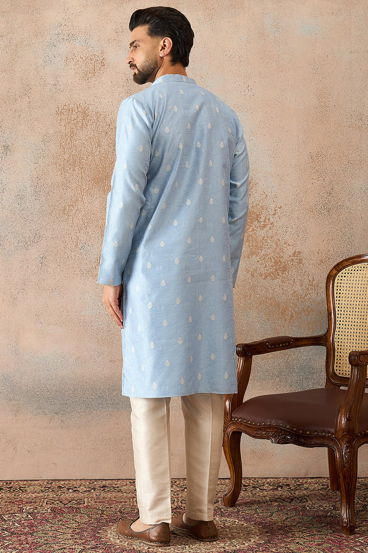 Mens Blue Silk Blend Floral Straight Kurta With Trouser | SHOBITAM
