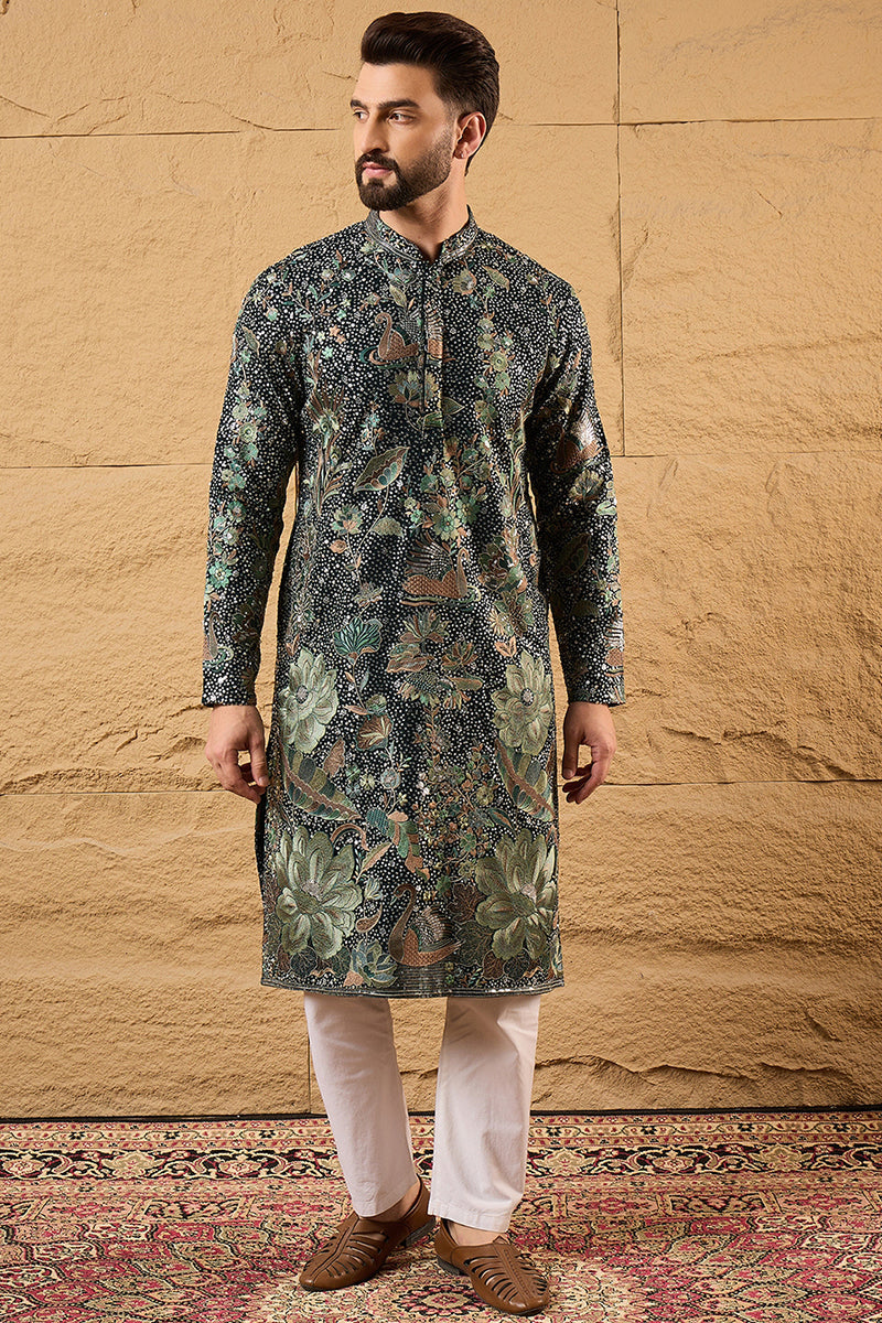 Green Silk Georgette Solid Embroidered Straight Kurta with Trouser  | SHOBITAM