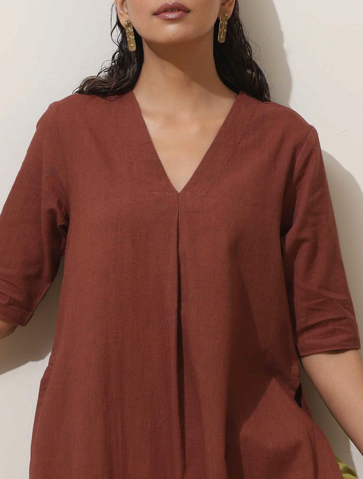 Brown Cotton Linen Kurta Pant Set | SHOBITAM