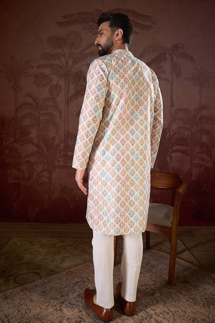 White Silk Blend Ethnic Motifs Printed Straight Kurta With Trouser | SHOBITAM
