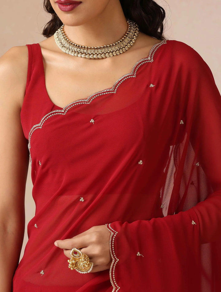Maroon Georgette Embroidered Saree With unstitched Blouse | SHOBITAM