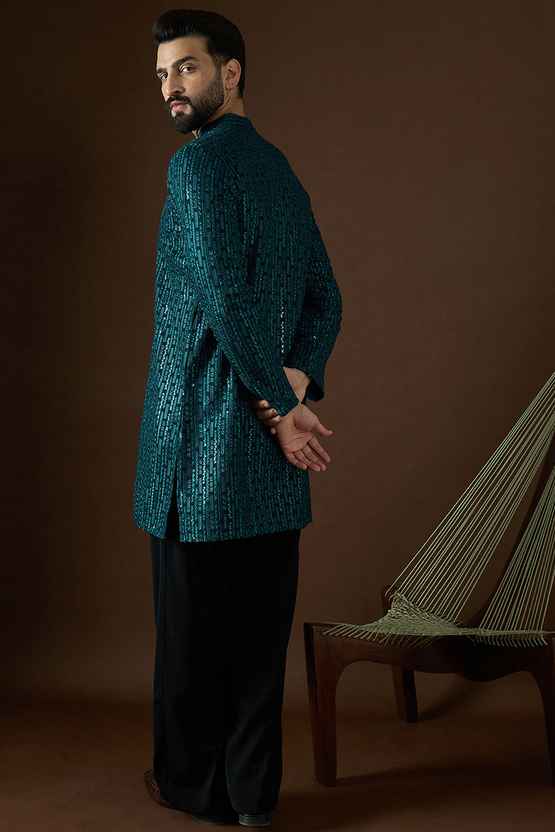 Teal Georgette Solid Embroidered Straight Kurta | SHOBITAM
